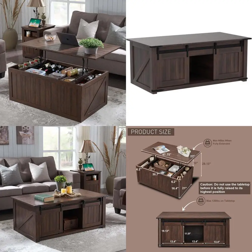 

Rustic Farmhouse Style Coffee Table with Lift Top and Double Storage Spaces, Sliding Barn Door Accents