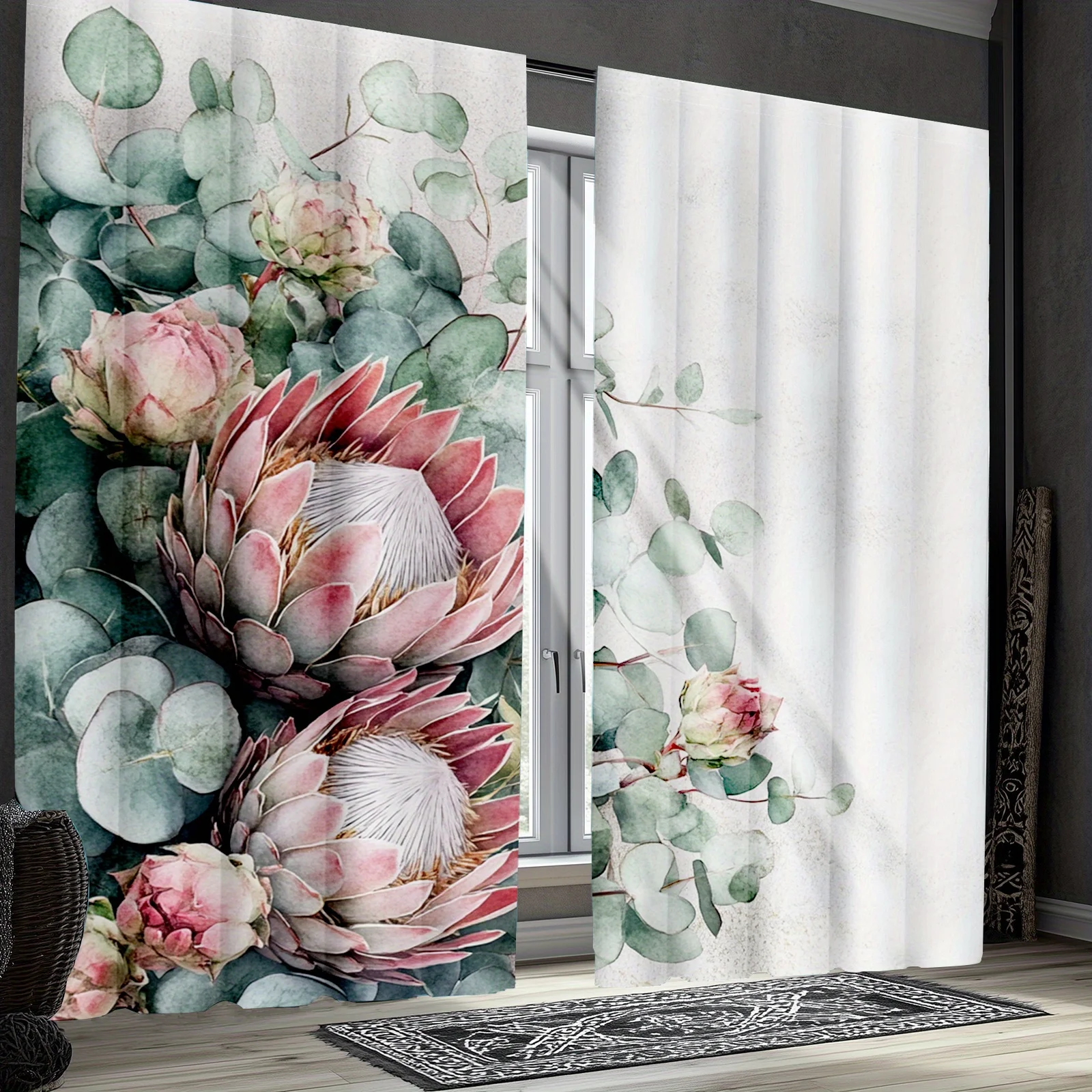 Boho Floral Botanical Curtains Polyester Protea Eucalyptus Greenery Print Window Drapes Set for Modern Living Room Bedroom Decor