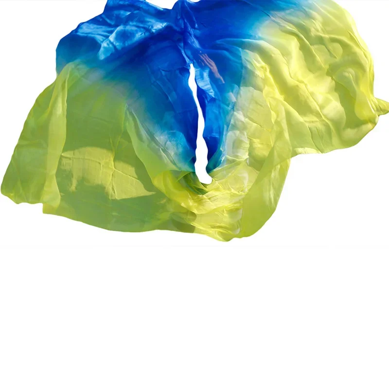 100% soie danse du ventre voile danse du ventre châle écharpe bleu Royal + jaune danse du ventre pratique Performance voiles de soie 250/270*114 cm