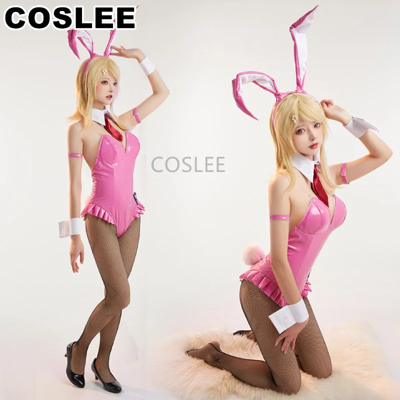 

COSLEE Danganronpa Akamatsu Kaede Cosplay Costume Pink Lovely Bunny Girl Jumpsuits PU Leather Uniform Halloween Party Suit New