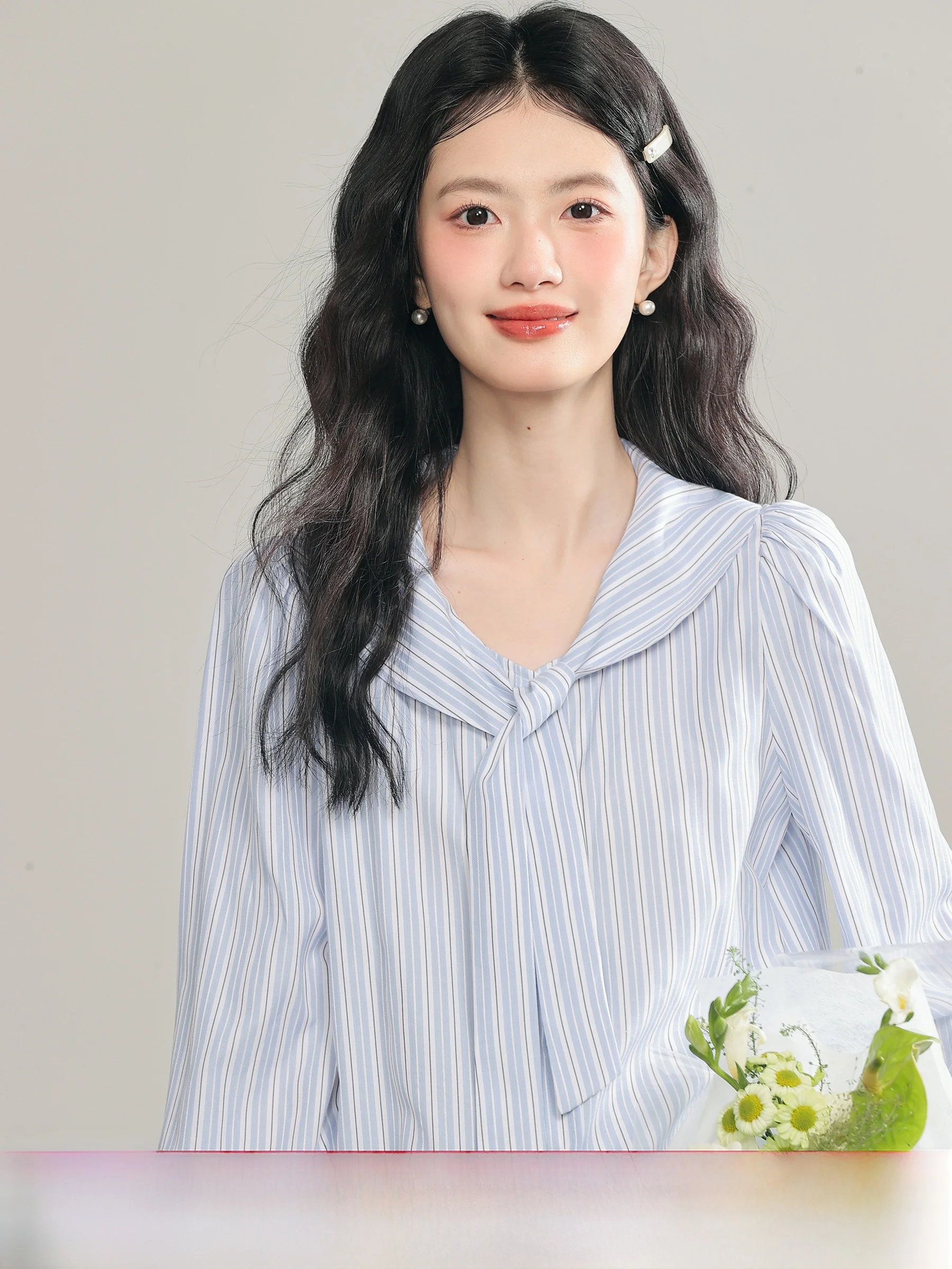 

Chic Naval Collar Striped Long Sve irt Women's Spring Faion Anti-Aging Ele Top Sweet Sle Polyester Blend