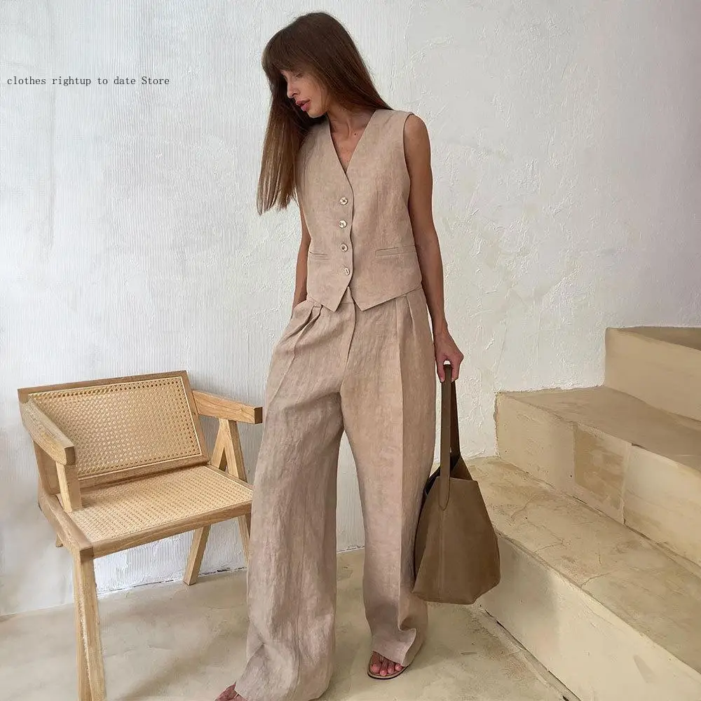 Spring and Summer Women's Casual Sleeveless Vest Pleated Low Waist Pants Set Cotton Linen Blend Vest Wide Leg Pants Suit