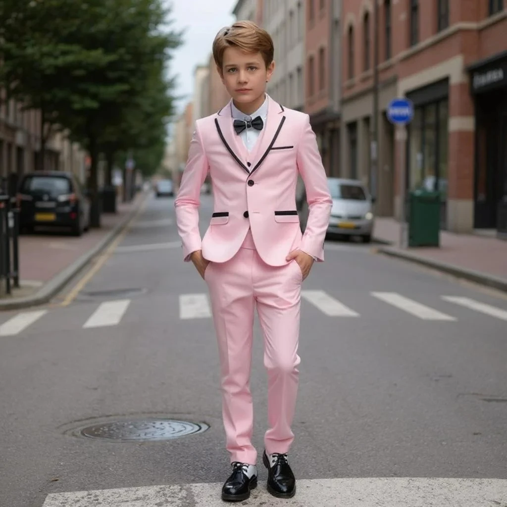 Pink Boy's Suit Set 3 Pieces Jacket Pants Formal Shawl Lapel Kids Tuxedo For Wedding Kids Birthday Party School Performance Wear