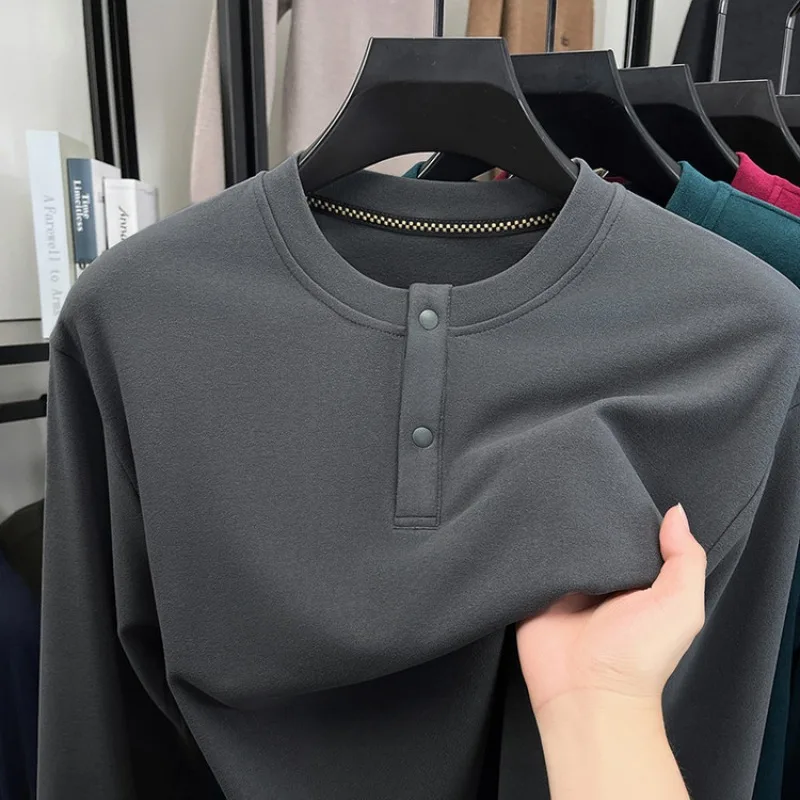 

Men's Double-sided Velvet Base Shirt Casual Simple Solid Lightweight T-Shirt Tops Loose Autumn Round-neck Warm Buttons Tees