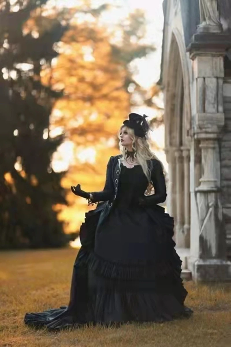 Robe de mariée gothique noire avec veste, Corset, Vintage, victorienne, avec traîne Court, mascarade, personnalisée, 2025