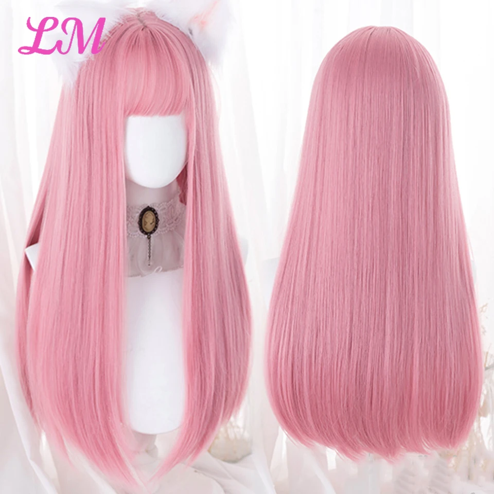 LM-Peluca de Cosplay con flequillo para mujer, pelo lacio sintético, 24 pulgadas de largo, resistente al calor, color rosa