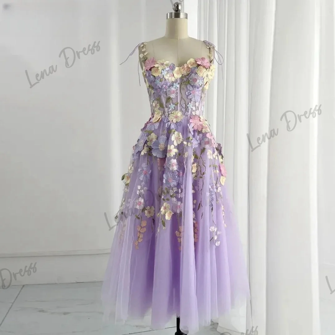 

Lena-Flower Embroidered Lace Ball Dresses Lavender Color sheer Evening Dresses Mid length Sweet Formal Occasions Vestidos De