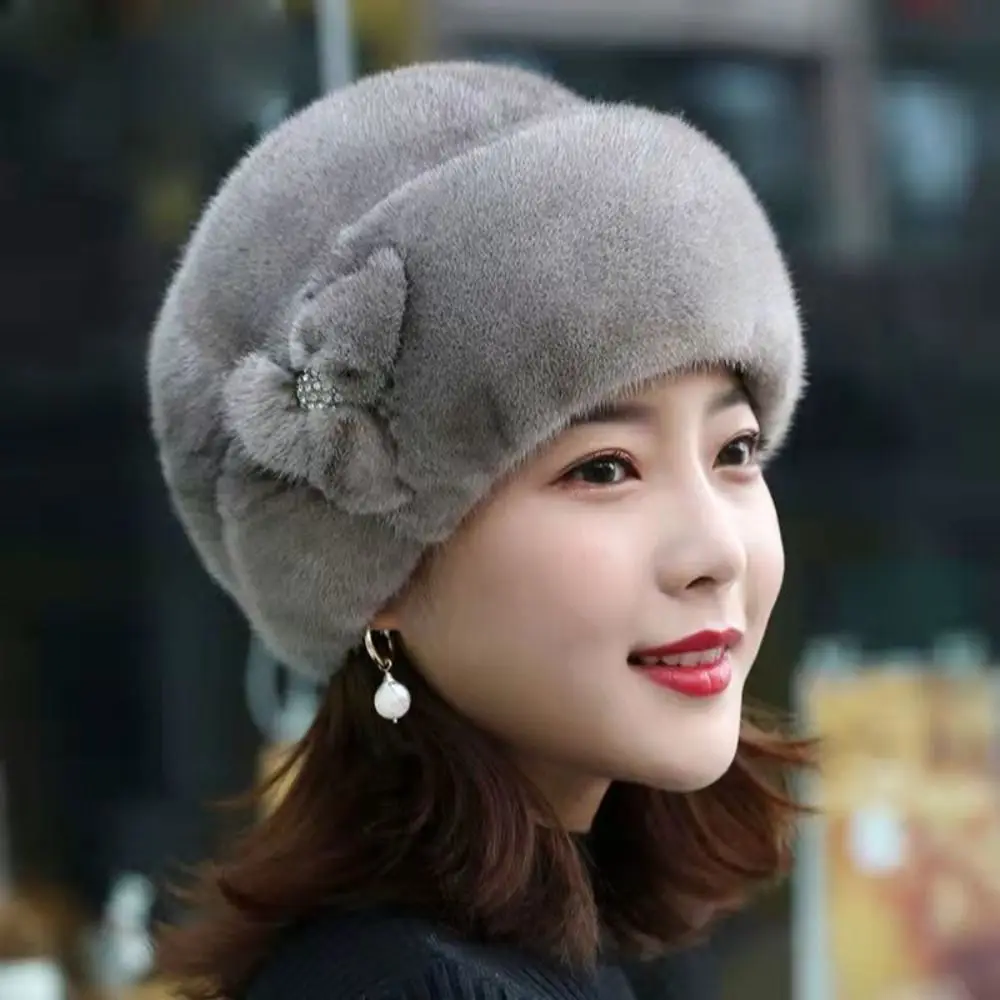 Solid Color Faux Rabbit Fur Winter Hat Flower Decor Thickened Bucket Hats Keep Warm Middle-aged Cap Autumn Winter