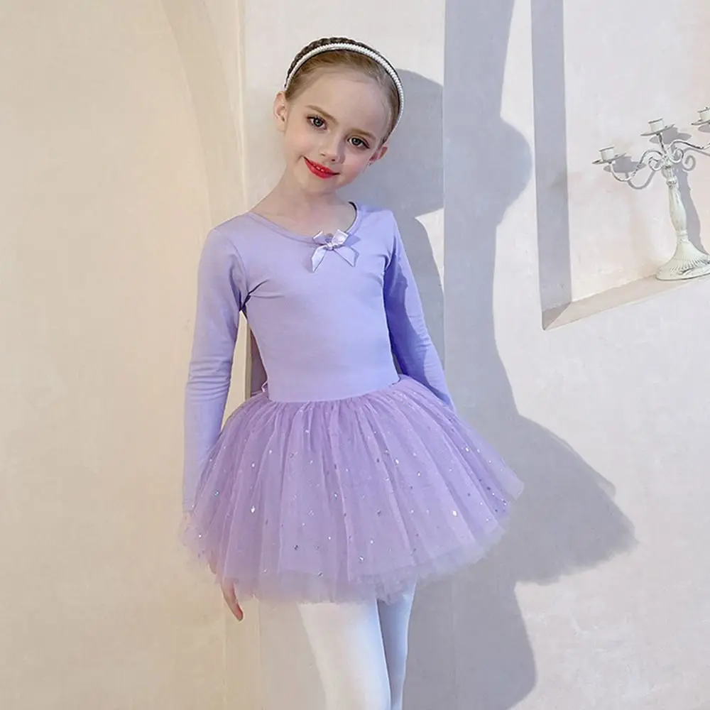 Fashion Long Sleeve Kids Ballet Dress Cotton Bowknot Performance Clothes Party Dress Sequins Dance Costumes Children