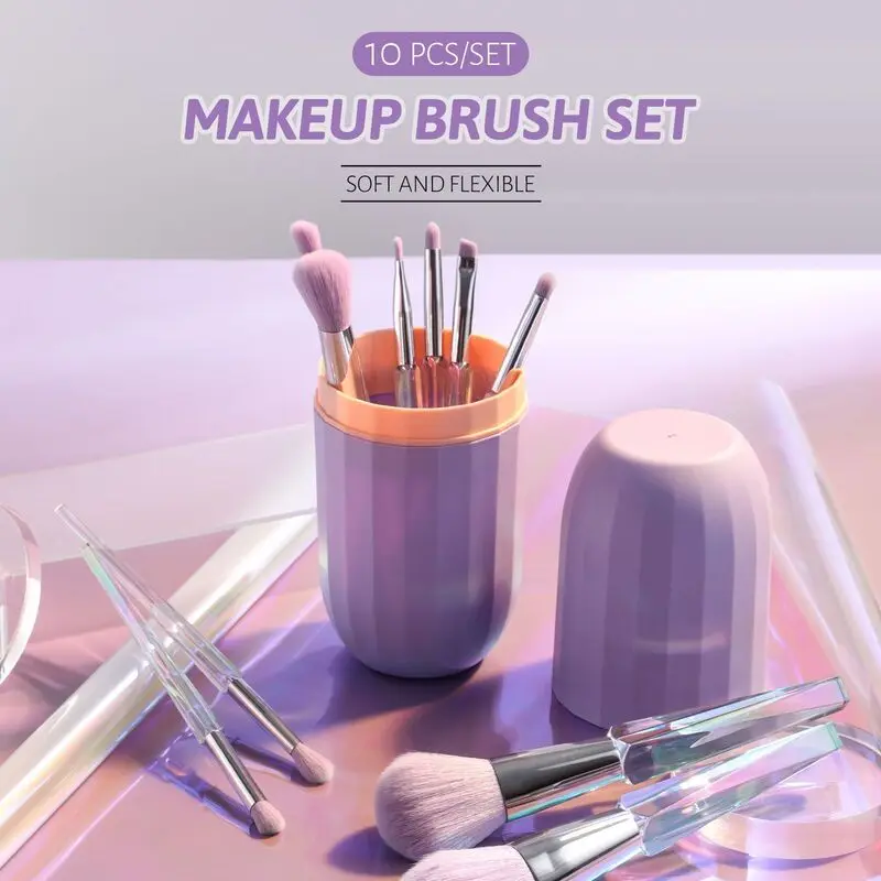 

10Pcs Transparent Micro-glitter Laser Electroplated Makeup Brushes Set - Packaged