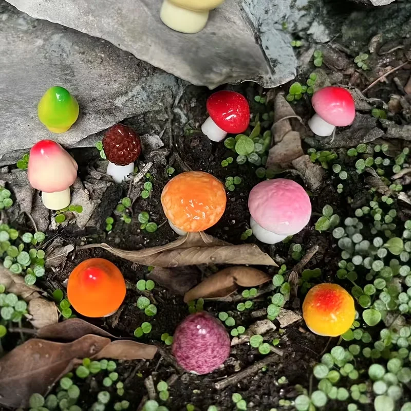 10pcs Mini Simulated Mushroom Statue Ornaments, Resin Colored Mushroom Series, Garden Micro Landscape Decoration Accessories