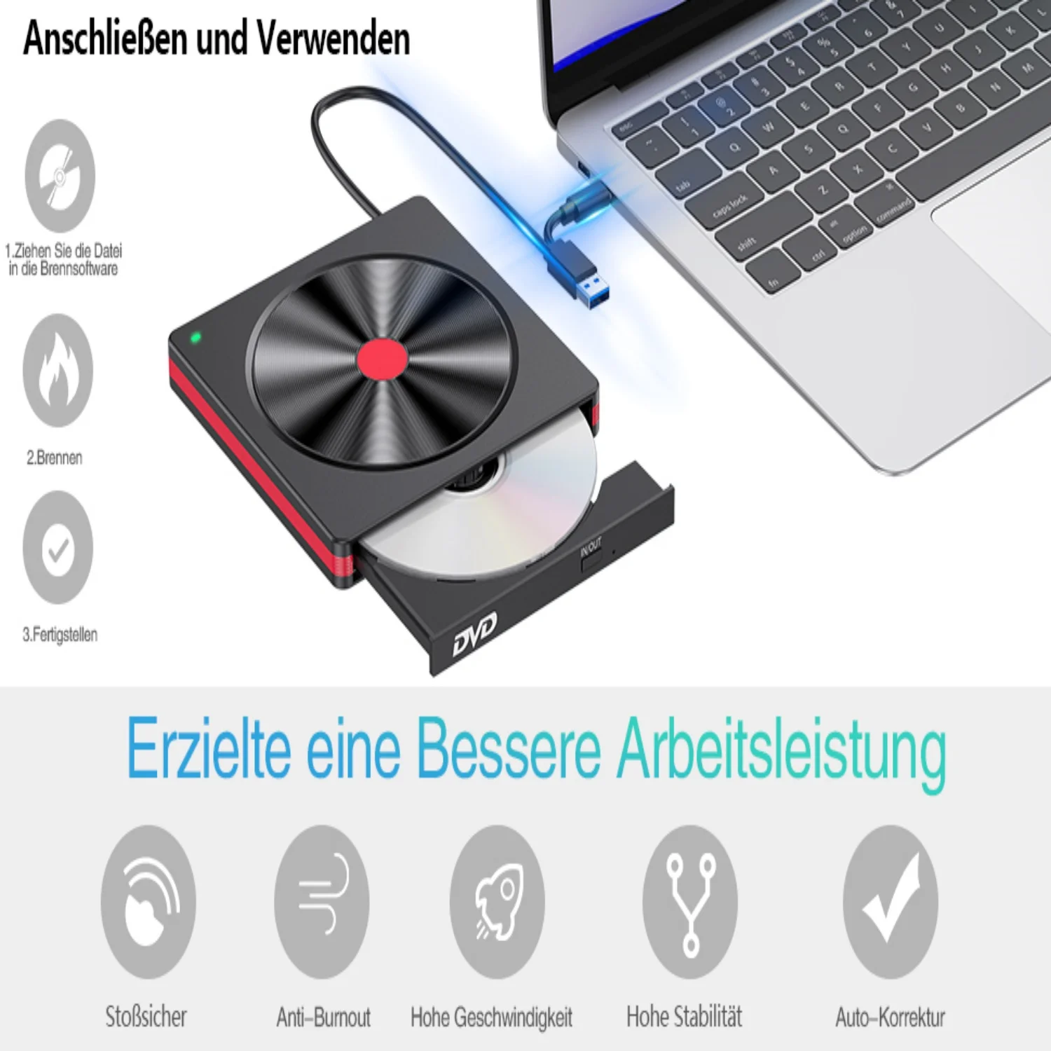 Externes CD/DVD-Laufwerk, USB 3.0 CD DVD +/-RW-Brenner CD ROM Externes DVD-Laufwerk CD-Leser DVD-Player für PC Laptop Desktop – Detail 1