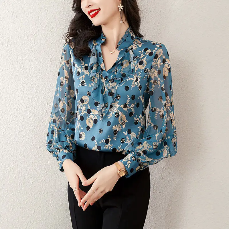 Commute Vintage Printed Polka Dot Blouse Stylish Ruffles Spliced Women\'s Clothing Elegant V-Neck Spring Long Sleeve Shirt 2023