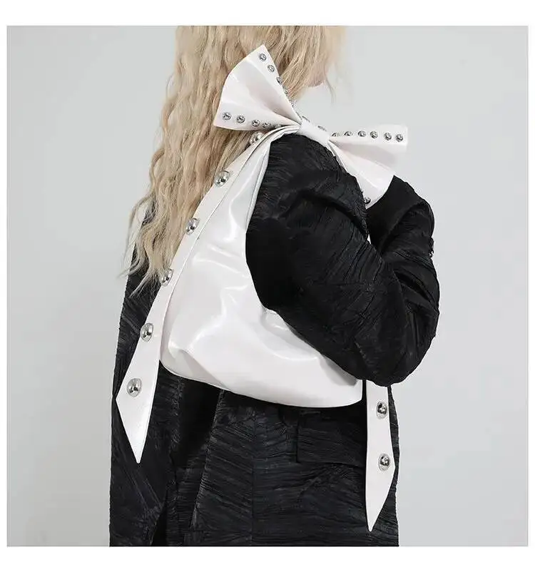 Bloom Fairy Core Aesthetic Pink Bow Shoulder Bags For Women Versatile Rivet Pu Leather Y2k Handbag Hot Girls Underarm Bag 2025