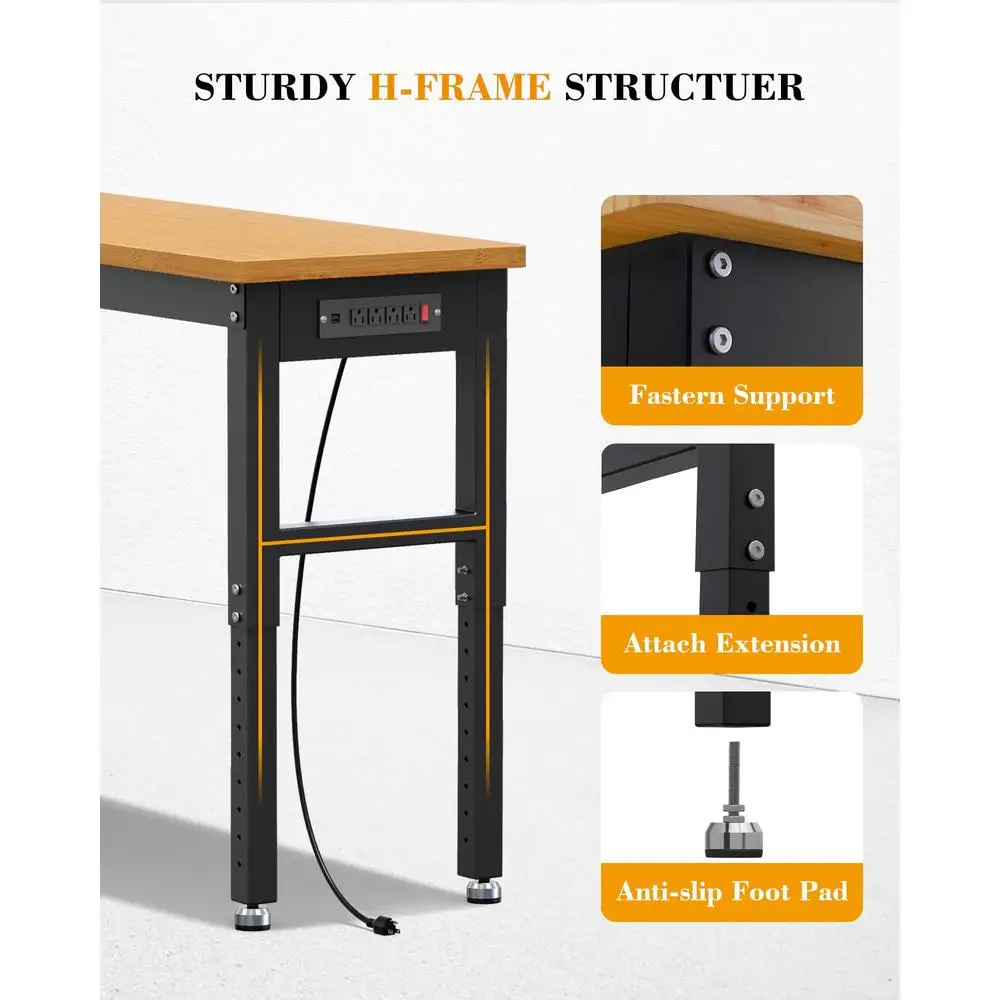 Height Adjustable 60" Garage Workbench Heavy Duty Wood Table 2200 LBS Capacity Shop Station