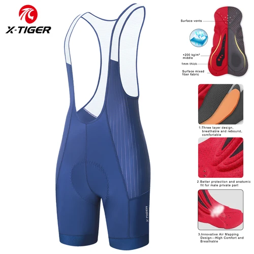 Imagen 2 del producto X-TIGER Pantalones cortos de ciclismo para hombre, pantalones cortos con pechera para montar en larga distancia, pantalones cortos de ciclismo profesionales para hombre, cojín de espuma de alta densidad, pinza para piernas de 5 CM