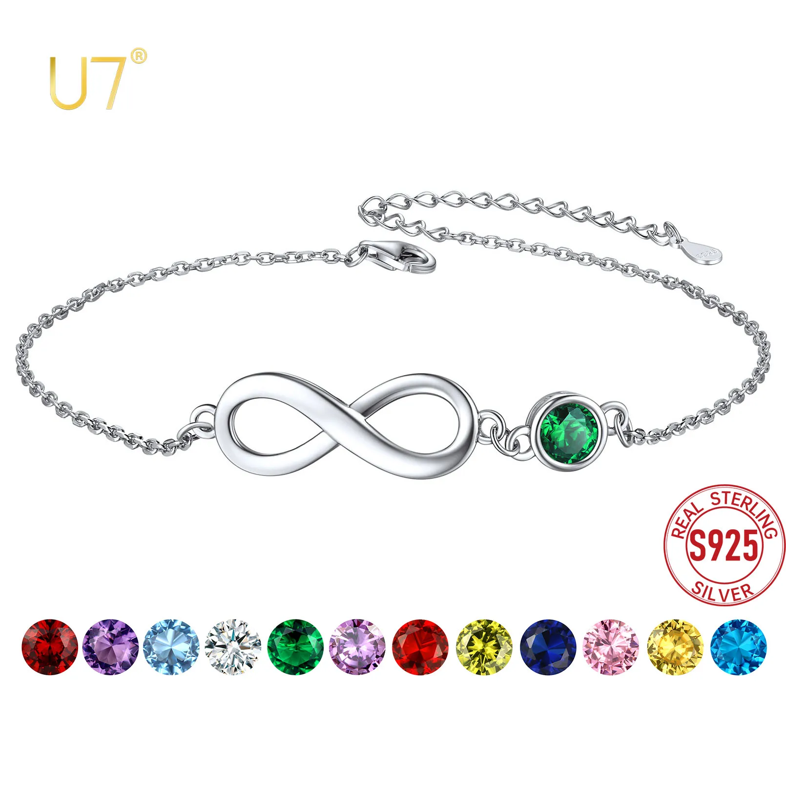 U7 925 Sterling Silver Dainty Infinity Anklet with Birthstones Woman Ankle Bracelet Summer Beach Foot Chain Jewelry Gift for Her