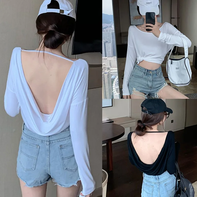 2024 Summer Fashion Sexy Korean Round Neck Sexy Open Back Loose Casual Versatile Long sleeved T-shirt