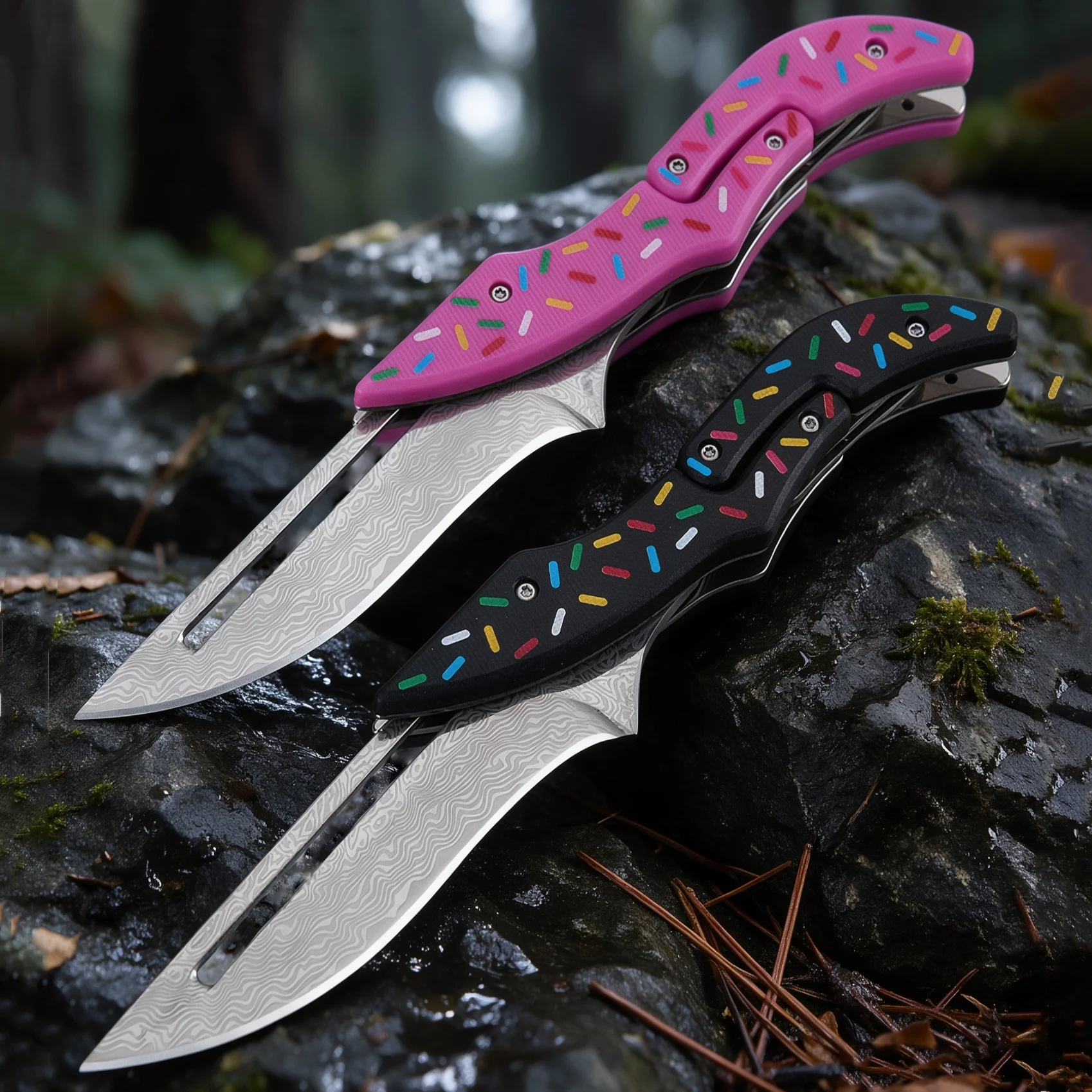 1PC Creative Camping Knife, Damascus Pattern,Mechanical Structure,Eye-catching Appearance, Ideal for Outdoor Camping&Gift Giving