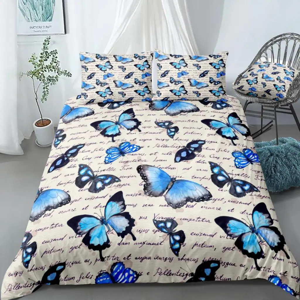 

Blue Butterflies Duvet Cover Set 3 Pieces Hand Written Text Note Bedding Kids Boys Girls Animal Quilt Cover Queen Dropship