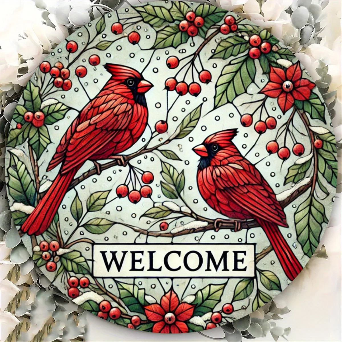 2D Red Cardinal and Holly Berry Welcome Wreath Design, Flat Print Metal Sign, Iron-on Decoration for Bars, Cafes, and Clubs