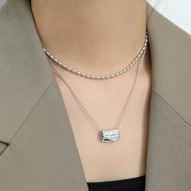 High quality Glossy wrinkled square pendant necklace for women silver 925 irregular Geometric texture colla chain jewelry gift