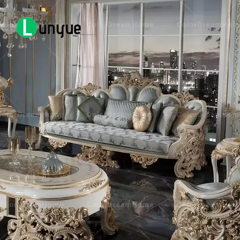 Luxury Hand Carved Wooden Sofa Set Turkish Style Living Room Furniture Hot Selling Home Decor Comfortable Seating