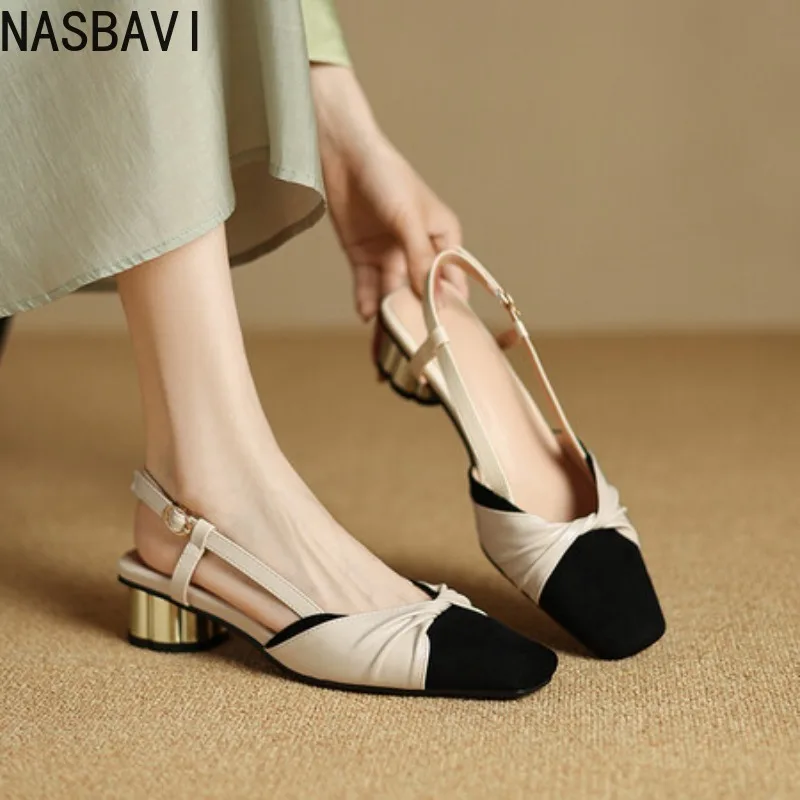 

NASBAVI Brand Mixed Color Dew Heel Sandals Womens Covered Square Toe Summer Shoes Medium Heels Gladiator Sandalias Mujer