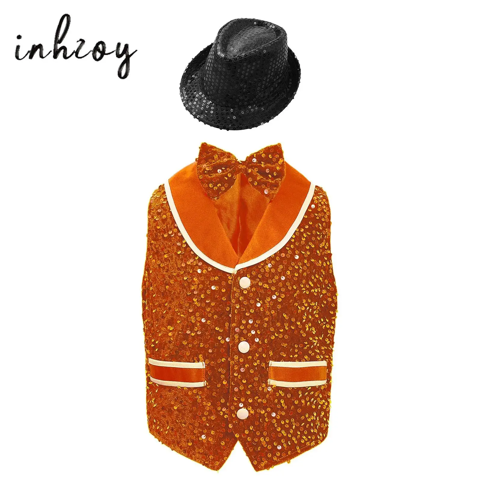 

Kids Boys Girls Retro Disco Jazz Dance Performance Outifit Gentleman Sparkling Sequins Velvet Vest Buttons Waistcoat+Bowtie+Hat