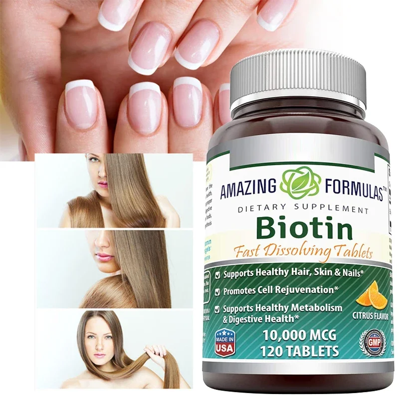 Tabletas de biotina para promover el crecimiento del cabello, soporte para la salud, prevención de la caída del cabello, reparación de uñas, belleza y salud, 1 frasco de 120 pastillas