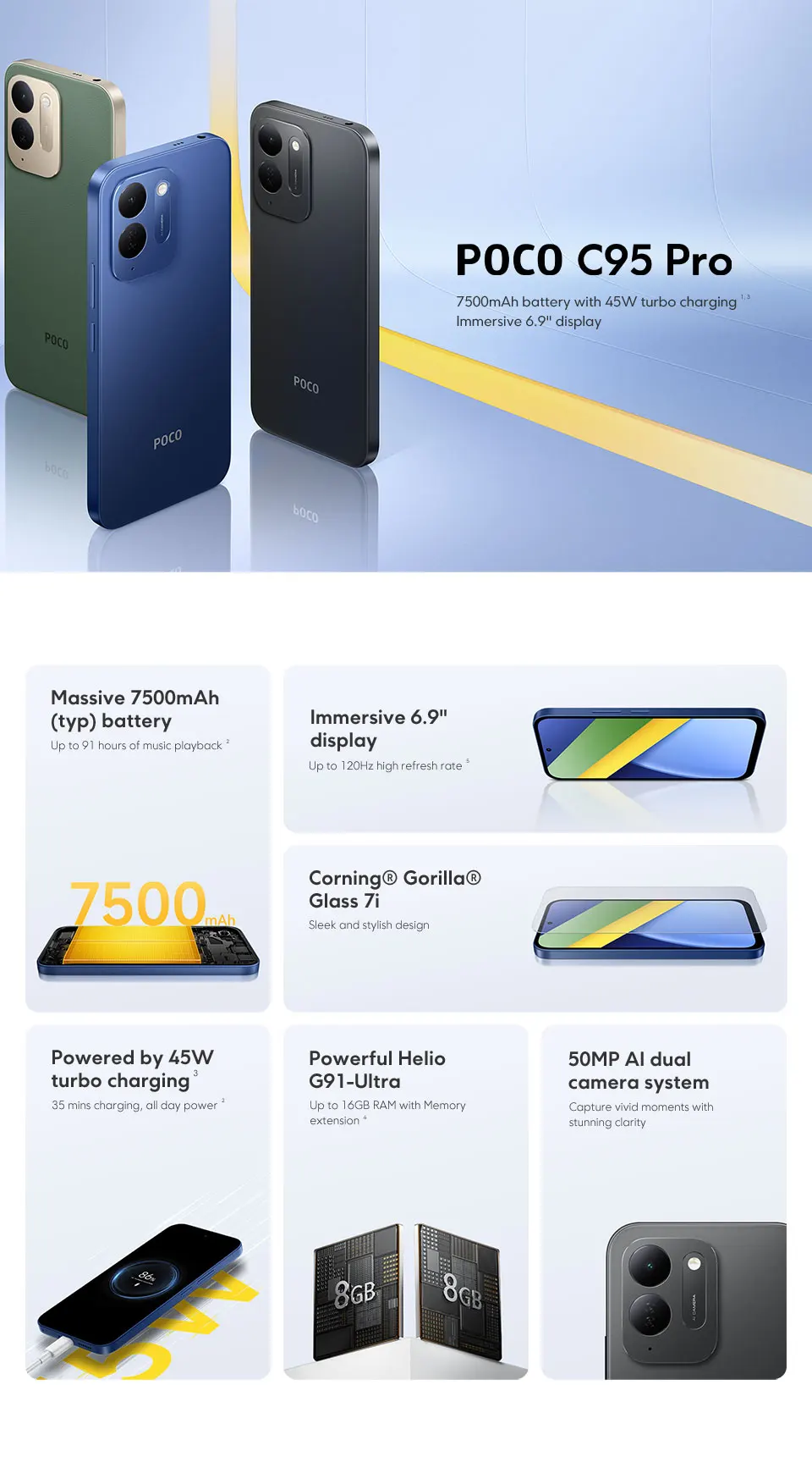 POCO C95 Pro Smartphone Global Version 7500mAh Battery 45W Charging 6.9" 120Hz display Helio G91-Ultra 50MP Camera NFC