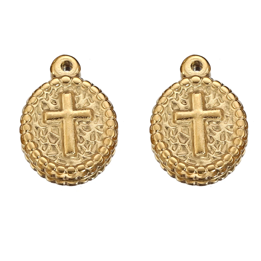 5 Pieces of Stainless Steel Vintage Embossed Oval Cross Pendant DIY Earrings Necklace Jewelry Making Accessories