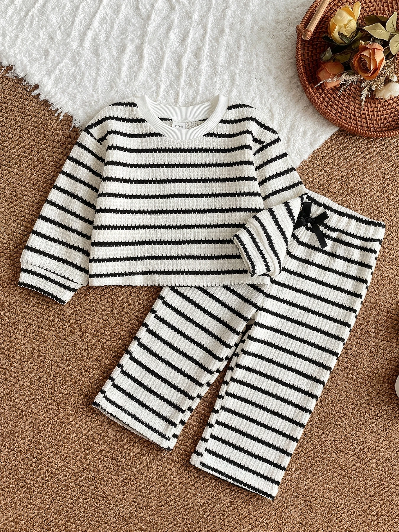 Trendy Little Girl Loungewear Set Textured Knit Striped Top & Trousers