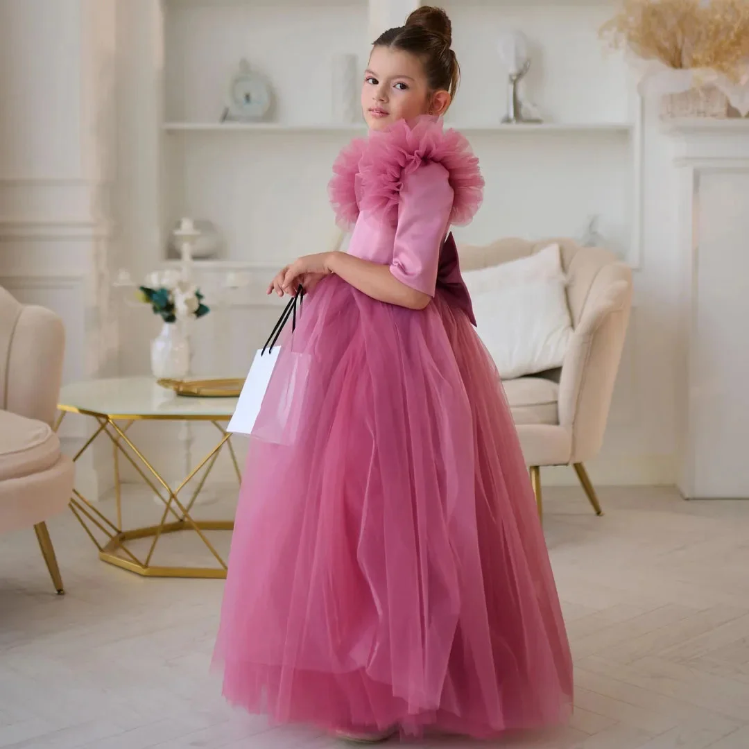 فستان فتاة الزهور الوردي المخصص من التول مع فيونكة نصف كم لحفلات الزفاف وأعياد الميلاد وحفلات التواصل المقدس
