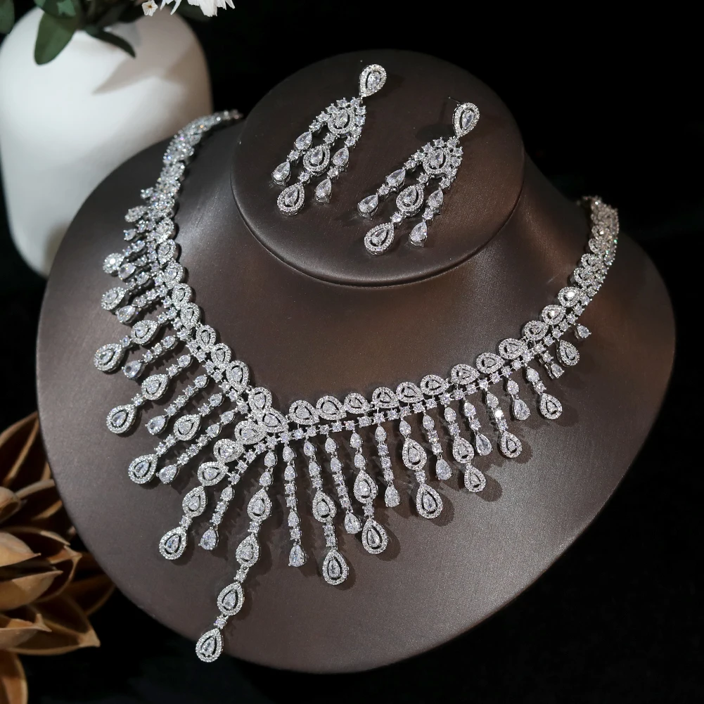 New Dubai Bridal Set With Big Fringe Drop Flower Shaped 2PCS  Necklace Earrings Women's Cubic Zirconia Wedding Jewelry X0313