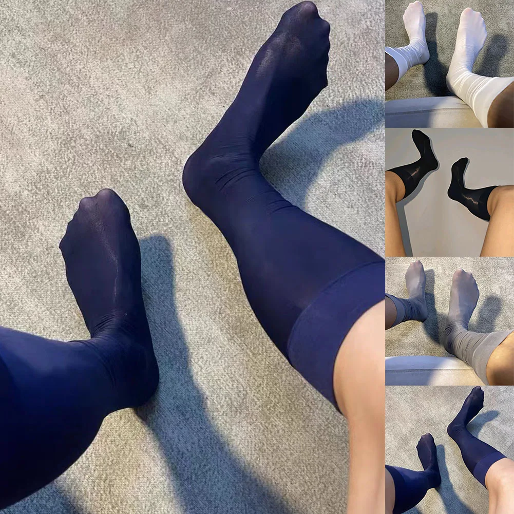 Medias Calcetines para hombre Casual Azul marino Nylon Aceite sobre la pantorrilla Transparente Brillante Elástico Negro Transpirable Cómodo