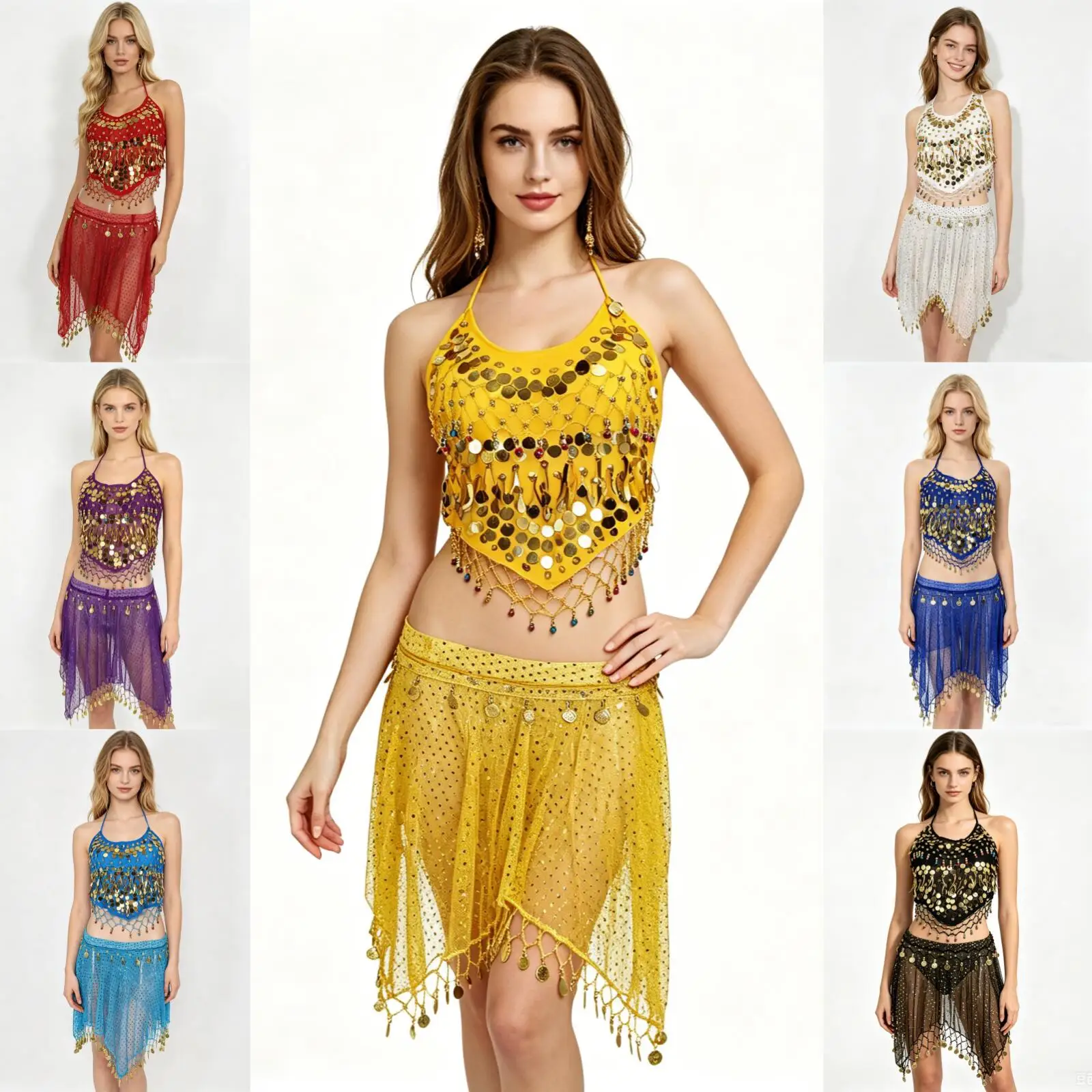 

AwwwCos Women's Belly Dance Costume 2PC Set Sequin Tassel Halter Top with Coin Decor Fringe Skirt for Party Stage Performance