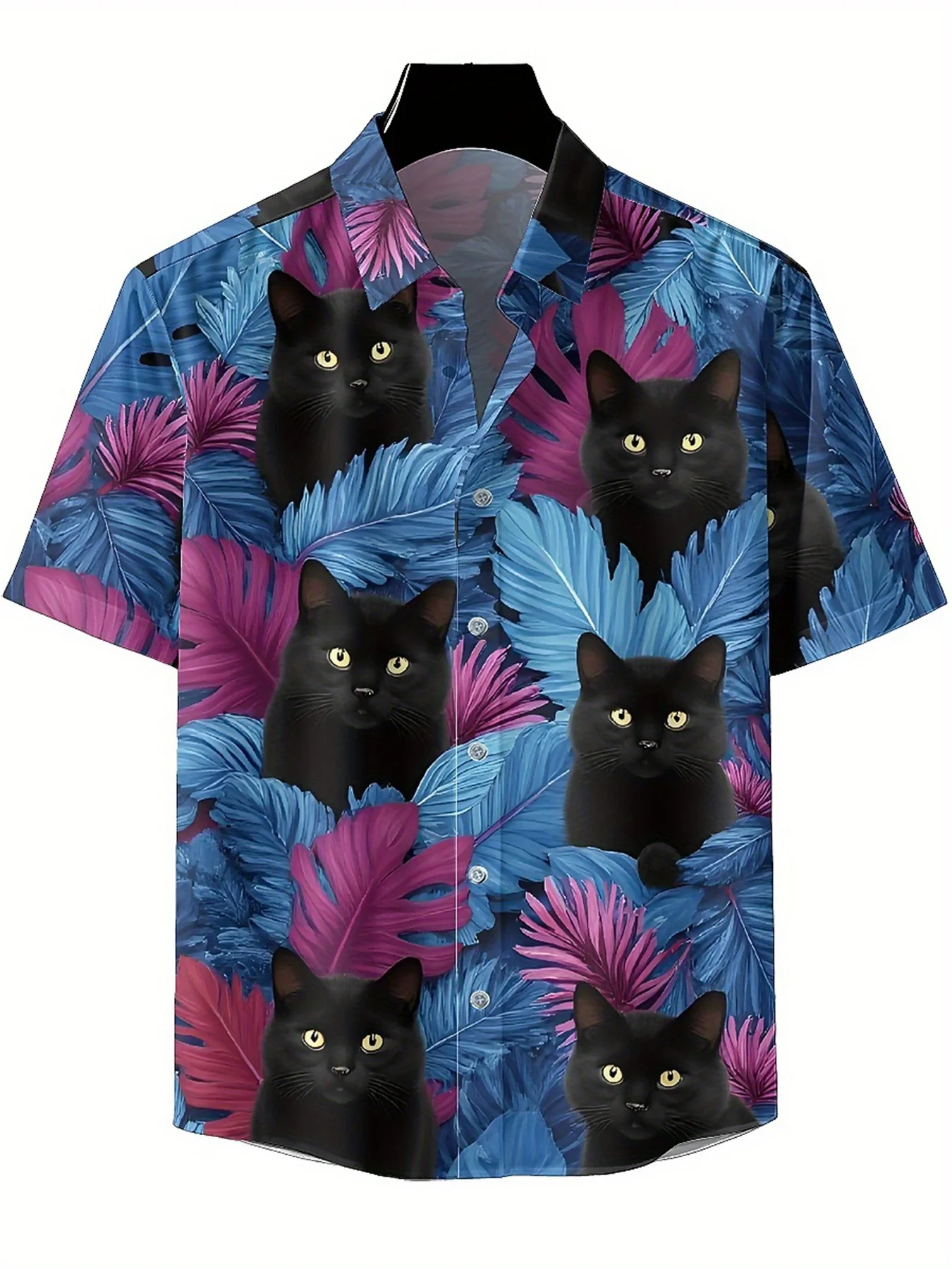 Men's Plus Size Hawaiian Shirts Mysterious Black Cat Jungle Print Pattern, Button Up Shirts, Unisex Casual Clothing, Summer Tops