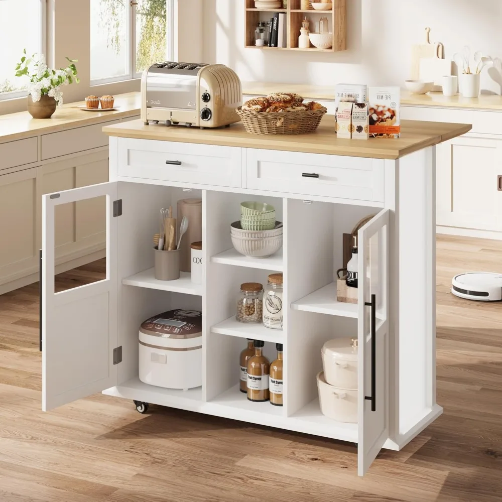

41" Kitchen Island with Drop Leaf, Rolling Island with 2 Glass Door Cabinets, 3 Open Shelves & 2 Drawers, Mobile Island Table f