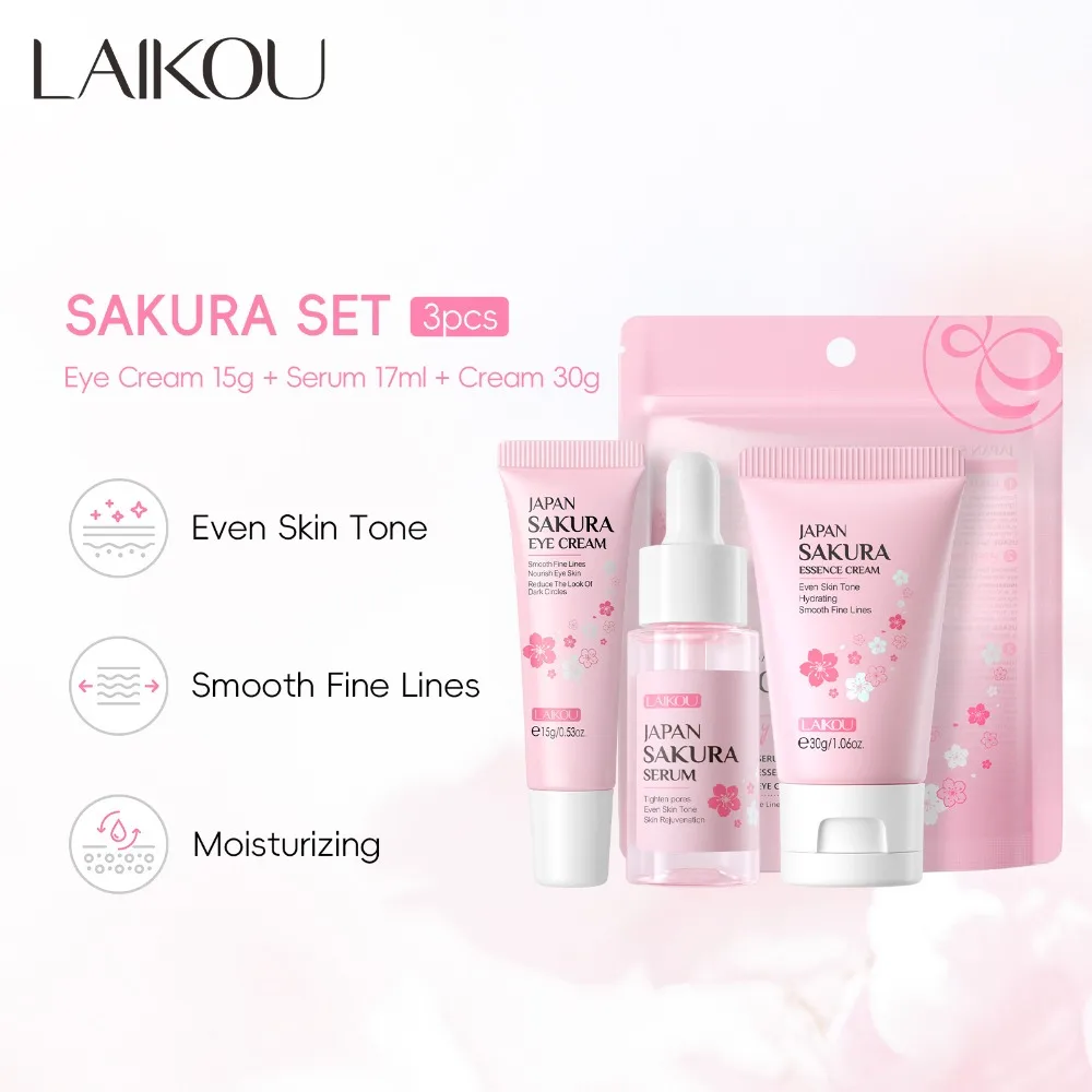 

LAIKOU Japan Sakura Skincare Set Mini 3pcs Sets Essence Eye Cream Face Cream Skin Care Product Facial Care Sets Beauty Products