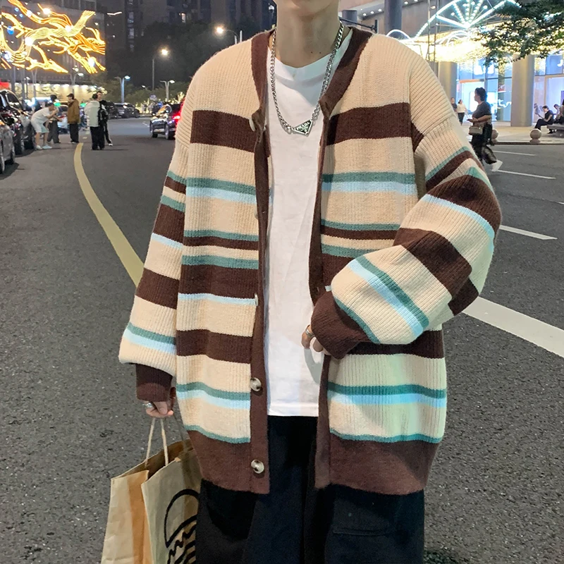 

Autumn New Harajuku Loose Oversize Knitting Cardigan Sweater Male Korean Fashion Casual Contrast Men's Knit Winter Coats G95