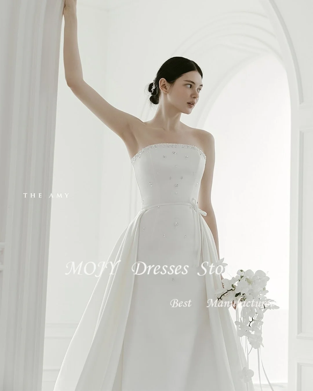 Mojy Abiti da sposa senza spalline personalizzati senza maniche in raso con perline Abiti da sposa con spacco laterale piuttosto bianco Sposa da donna