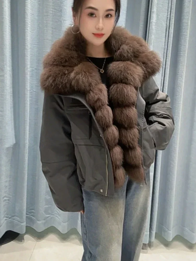 OFTBUY Daunenjacke mit Naturfell für Damen, warme, lässige Winterjacke mit Fellkragen und Reißverschluss, Damen-Daunenparka – Detail 12