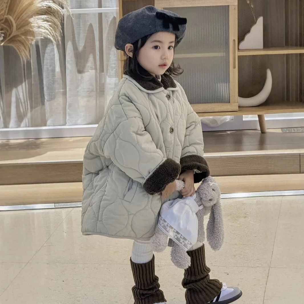 Girls Coat 2024 Winter New Childrens Clothes Girls Baby Quilted Gourd Quilted Hair Collar Long Cotton-padded Coat Casual Simple