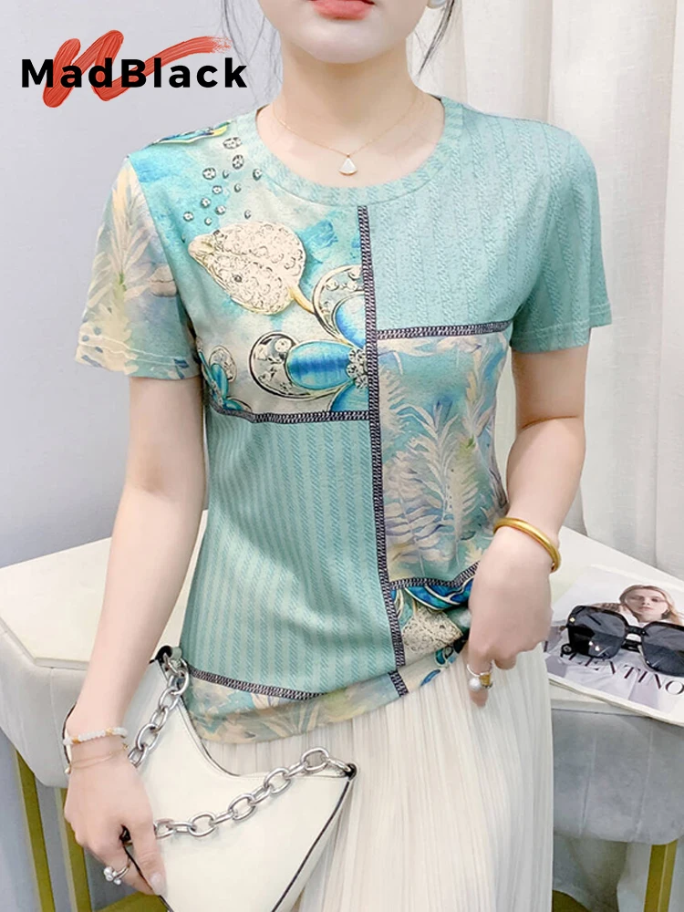 MadBlack-Women's European T-Shirt, Sexy O Neck Geometry Printed, Fashion Short Sleeve Slim S-3XL Knit Tee, 2026 Spring T61604CC