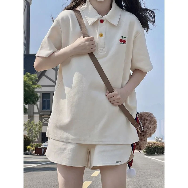 Conjunto de ropa deportiva de camisa polo para niña, pantalones cortos de manga corta sueltos informales de verano para mujer, conjunto de dos piezas