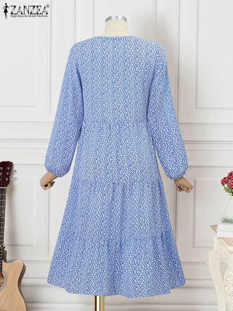 Bohemian Floral Printed Long Sleeve Holiday Dress Women Autumn V Neck Sundress ZANZEA Vintage Party Midi Vestido Robe Femme
