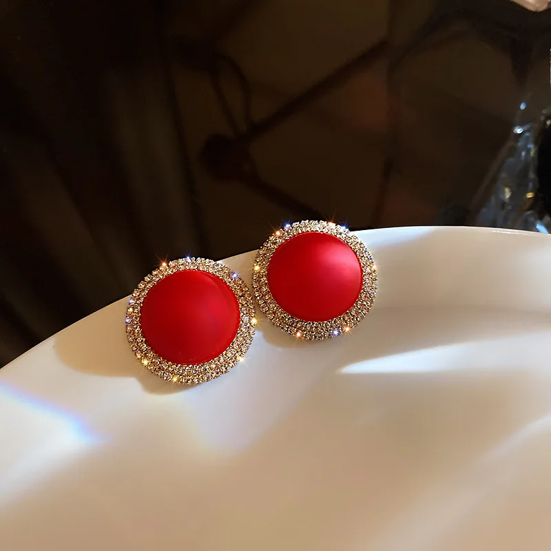 Light Luxury Inlaid Zircon Red Pearl Stud Earrings For Women New Year Festive Party Earring Girls Christmas Jewelry Gifts