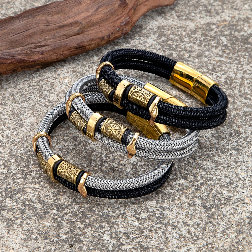 Vikings Runes Double-Layer Unfading Wire Rope Bracelets Men Norse Gold Color Stainless Steel Wristband Luxu Male_maomaolike.com