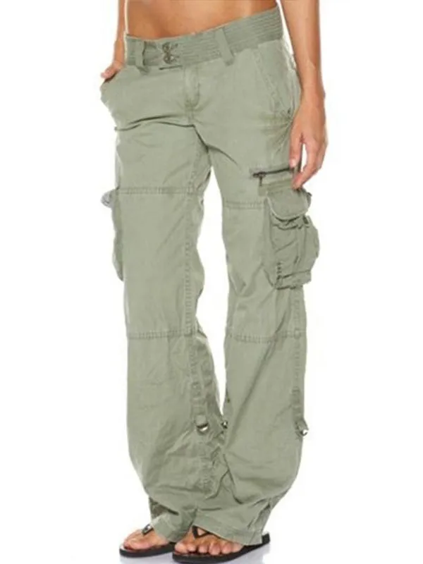 Retro Women's Loose Casual Straight Leg Trousers Multi-Pocket Workwear Pants Comfortable Cotton Mid-Low Waist Button Closure